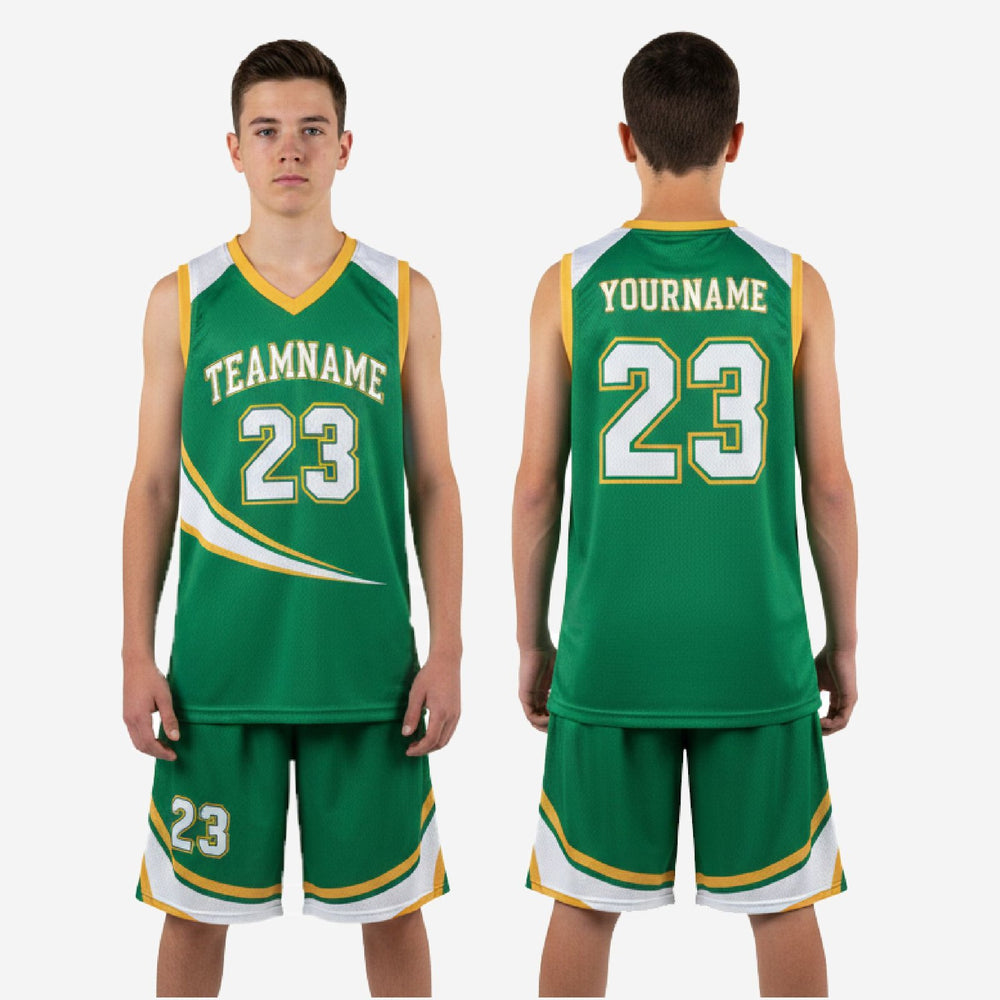 Swoosh Arc Green Youth Basketball Uniforms in Custom Gold