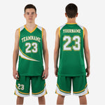 Youth basketball uniform size and specification sheet for green and gold swoosh arc jersey and shorts set in full youth size run