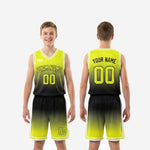 Size and specification sheet for custom green youth basketball uniforms showing youth size run and print zone layout