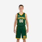 Size and specification sheet for green custom youth basketball uniforms showing available youth sizes for full roster ordering