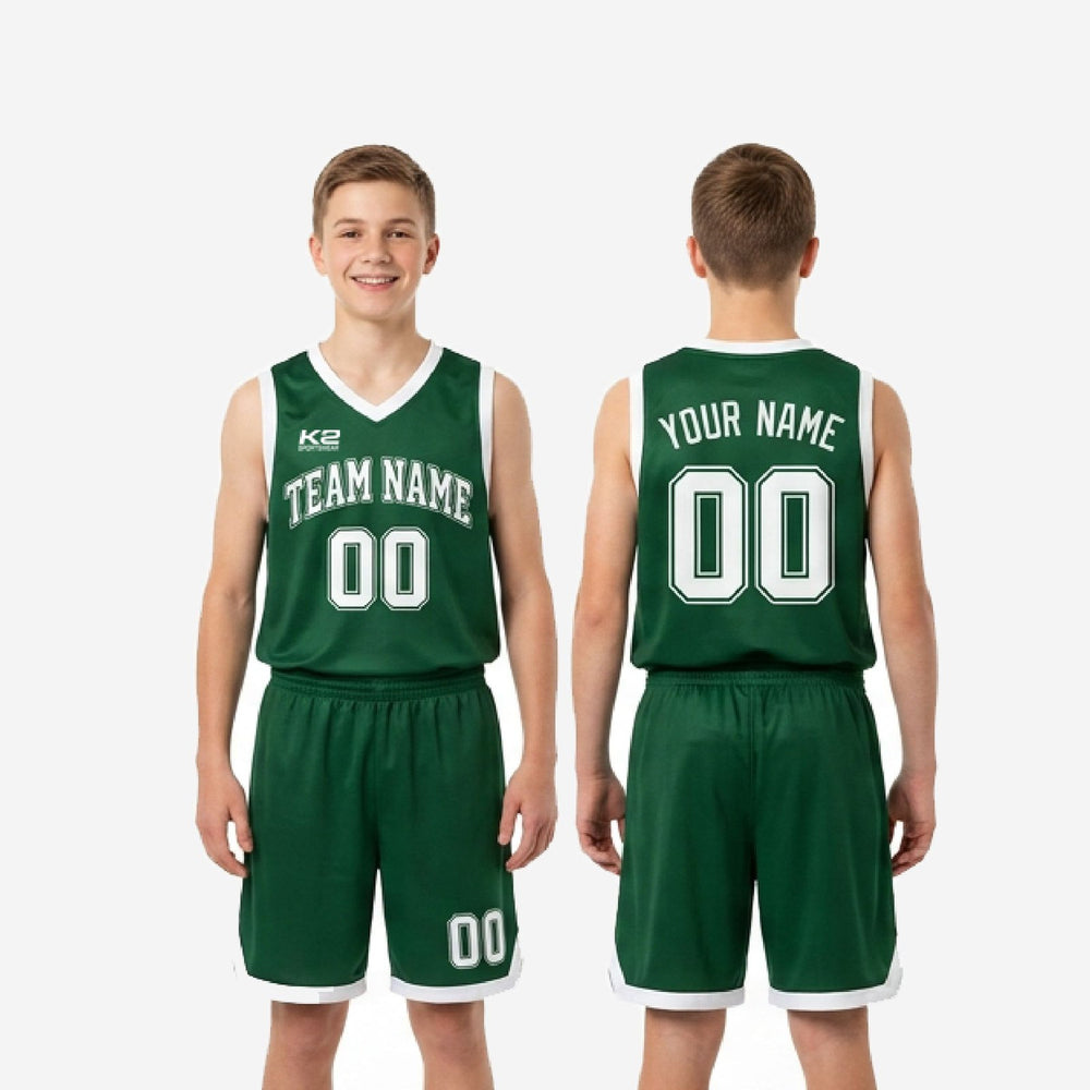 Matching Green Custom Youth Basketball Uniforms - Jersey and Shorts
