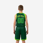 Back view of green youth basketball uniform set with sublimated back number and name on forest green jersey