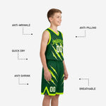 Back view of green youth basketball uniforms showing back number placement on forest green sublimated jersey and matching shorts with neon hem binding
