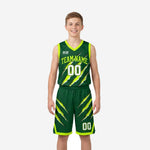 Custom green youth basketball uniforms front and back showing forest green claw-slash jersey and matching shorts with neon yellow-green trim and player number 00