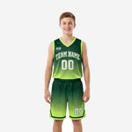 Sublimated green youth basketball uniforms full set showing forest green to lime green gradient jersey and matching shorts front and back