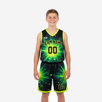 Custom green youth basketball uniforms for travel teams showing black starburst jersey and matching shorts with neon yellow-green trim on youth player