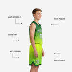 Back view of custom green youth basketball uniforms with player name and number on forest green to lime gradient jersey and shorts