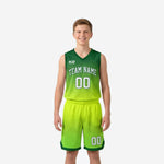 Custom green youth basketball uniforms in forest green to neon lime gradient showing full jersey and shorts set front and back views