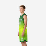 Left side view of green and lime sublimated youth basketball uniform showing V-neck jersey and shorts with dark green hem band