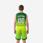 Right side view of personalized green youth basketball uniforms showing gradient speckle texture on jersey and matching shorts