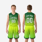 Size and specification sheet for custom green youth basketball uniforms showing full youth size run for roster ordering