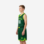 Opposite side view of forest green youth basketball jersey and shorts showing sublimated neon-lime trim and V-notch hem