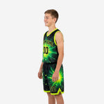 Opposite side view of neon green starburst youth basketball jersey and shorts set with V-neck collar and armhole binding visible