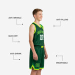 Close-up of green basketball shorts showing neon-lime double-stripe hem trim, V-notch side split, and sublimated player number