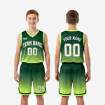 Size and specification sheet for middle school basketball uniforms in forest green and lime green gradient full set