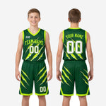 Size and specification sheet for custom green youth basketball uniforms showing full youth size run measurements for jersey and shorts