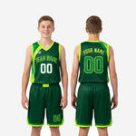 Youth basketball uniform size and specification sheet for custom forest green and neon-lime set