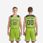 Size and specification sheet for custom green youth basketball uniforms showing youth sizing details and uniform set measurements
