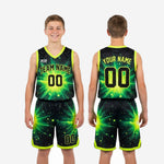 Size and specification sheet for custom green youth basketball uniforms showing available youth sizes for full roster ordering