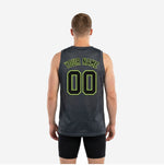Back view of the custom grey and green basketball jersey showing back player name and number placement in lime green on charcoal