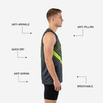 Front and back view of the custom charcoal grey basketball jersey with neon lime green dots, diagonal stripe, team name, and player numbers
