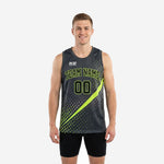 Custom grey and green basketball jersey with charcoal halftone dot pattern, neon lime diagonal stripe, and arced team name on the chest - front view