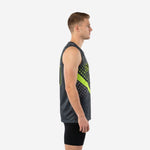 Side view of the custom grey and green basketball jersey showing the straight hem, bound armholes, and neon lime diagonal stripe across the torso