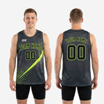 Size and spec chart for the custom grey and green basketball jersey showing youth and adult sizing dimensions