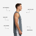Back view of custom grey basketball jersey displaying sublimated player name and number in white with black outline