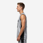 Side view of custom grey basketball jersey showing solid black side panel running full length from armhole to straight hem