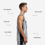 Back view of grey basketball jerseys showing player name and number placement on silver-grey mesh with black trim detail