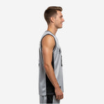 Front view of grey basketball jerseys showing silver-grey performance mesh body with black contrast binding at the V-neck collar and armholes
