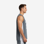Front view of custom grey basketball jerseys with crew neckline black binding white side inserts and sublimated team name arc and number
