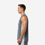 Left side view of grey and white custom basketball jersey showing side panel construction and armhole binding detail