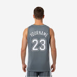 Right side view of sublimated grey basketball jersey with white contrast side panel and black bound armhole edge