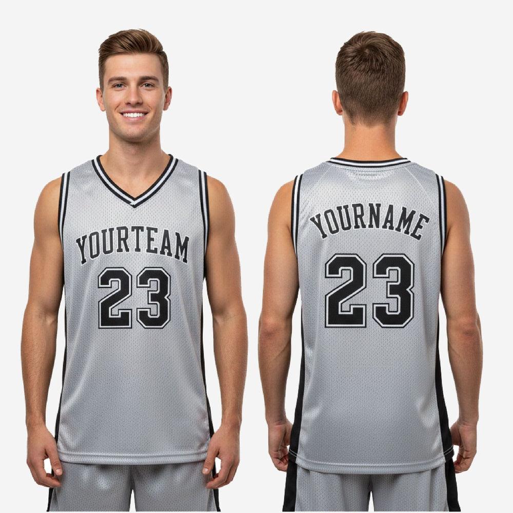 Breathable Mesh Custom Grey Basketball Jerseys - Black Trim