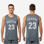 Size and specification chart for custom grey basketball jerseys showing youth and adult sizing measurements