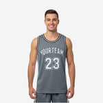 Custom grey basketball jerseys with white side panels and black trim showing arched team name and number 23 on the front and back