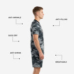 Right side view of full sublimation gray soccer uniform set with matching camo jersey and shorts for men