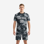 Men's gray soccer uniforms in urban camo pattern with charcoal and grey sublimation, front view of full two-piece kit