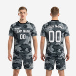 Full kit view of custom gray soccer uniforms in urban camo charcoal and grey for club and league teams