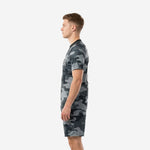Left side profile of men's gray soccer uniforms with urban camo sublimation print and crew neck collar trim