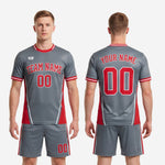 Full custom grey and red soccer uniform set by K2 Sportswear, jersey and shorts with sublimated design