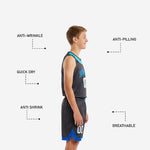 Back view of grey and blue youth basketball uniform showing back name and number print zones on charcoal jersey and royal blue side panel on shorts