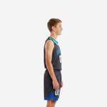 Front view of custom grey youth basketball uniform with cyan panel sweeping across chest royal blue side panels and white number 00 on charcoal jersey and shorts