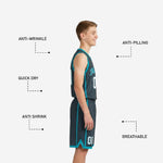 Back view of charcoal and teal grey youth basketball uniforms showing back name and number print zones on sleeveless jersey