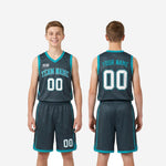 Size and specification sheet for custom grey youth basketball uniforms showing available youth sizes and print zone layout