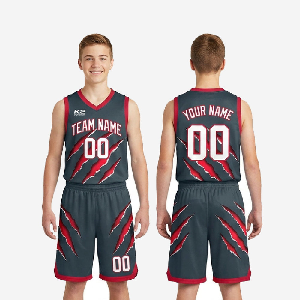 Claw Slash Custom Grey Youth Basketball Uniforms - Red Set