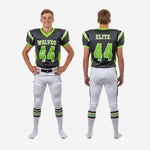 Back view of grey youth American football uniform showing back name and number in lime green on charcoal jersey