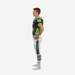 Second side view of charcoal grey youth football uniform showing lime green side panel and pant stripe detail